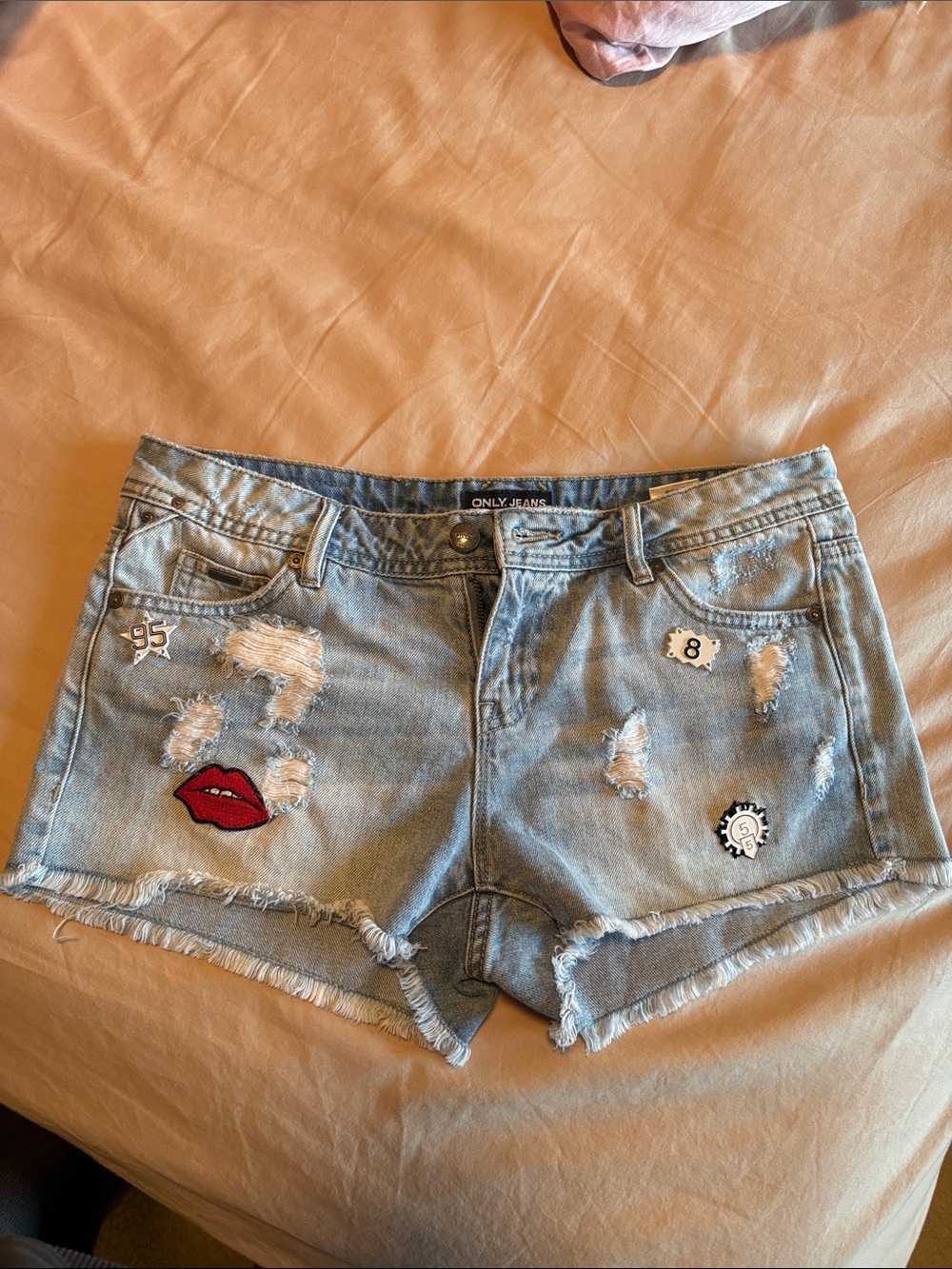 Only Light Blue Distressed Denim Shorts with Embroidered Patches